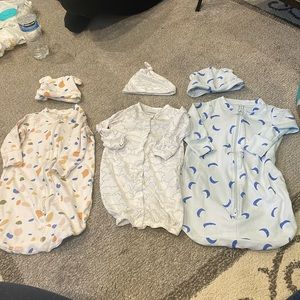 3 newborn nightgowns with matching hats